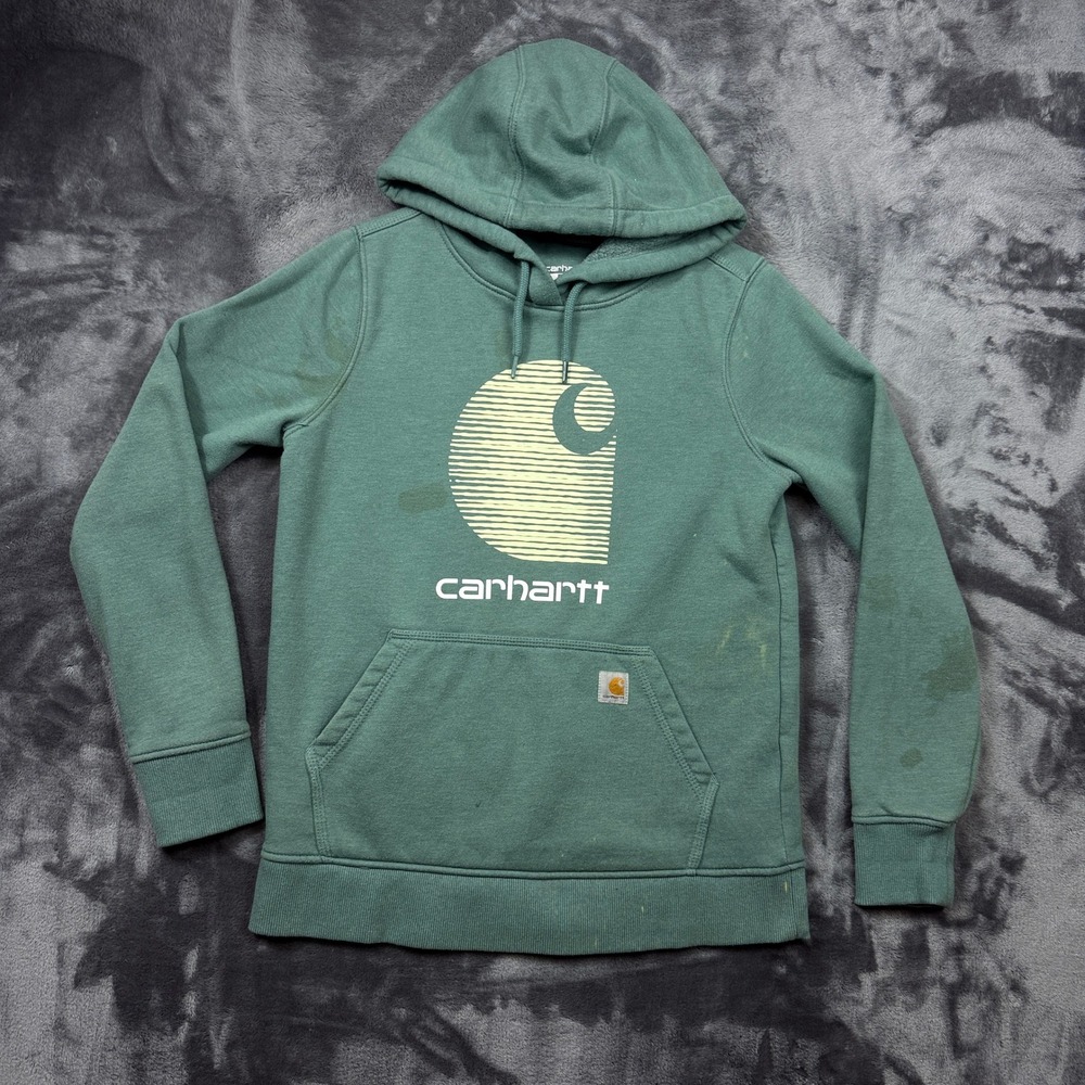 Carhartt Hoodie Womens S Green Rain Defender Relaxed Fit Graphic Logo Pullover